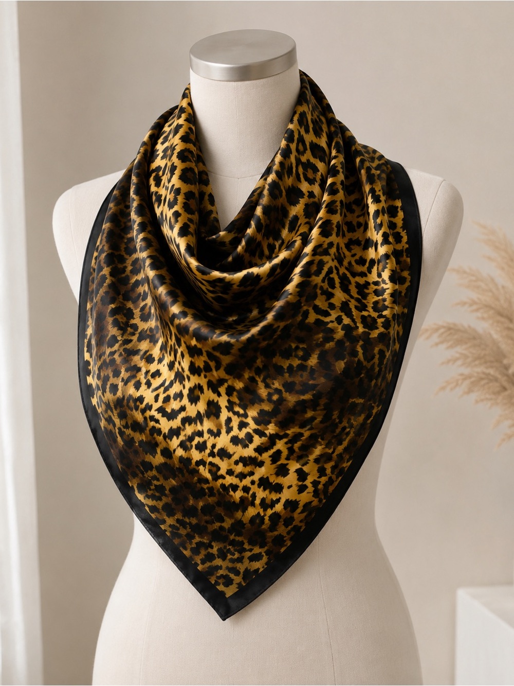 Leopard Print Satin Scarf - Gold/Black